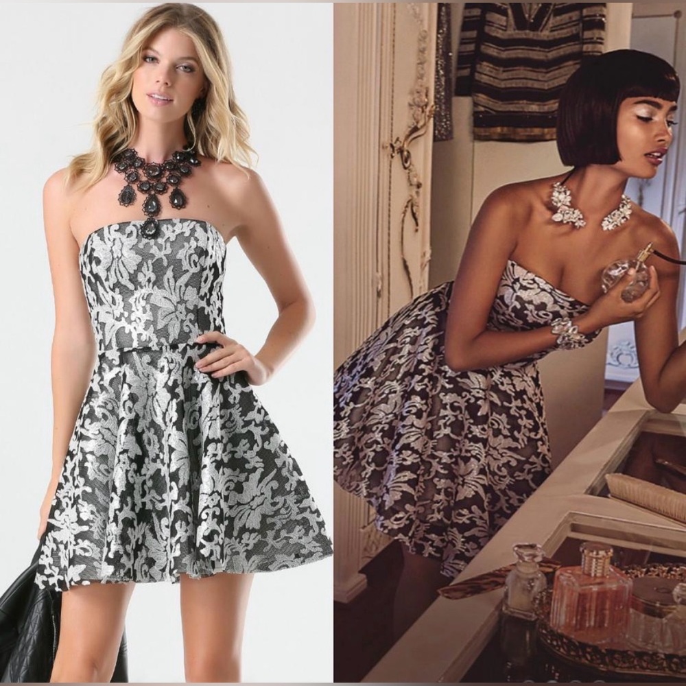 BEBE FLORAL SEQUIN EMBROIDERED  STRAPLESS FIT & FLARE DRESS SZ 4